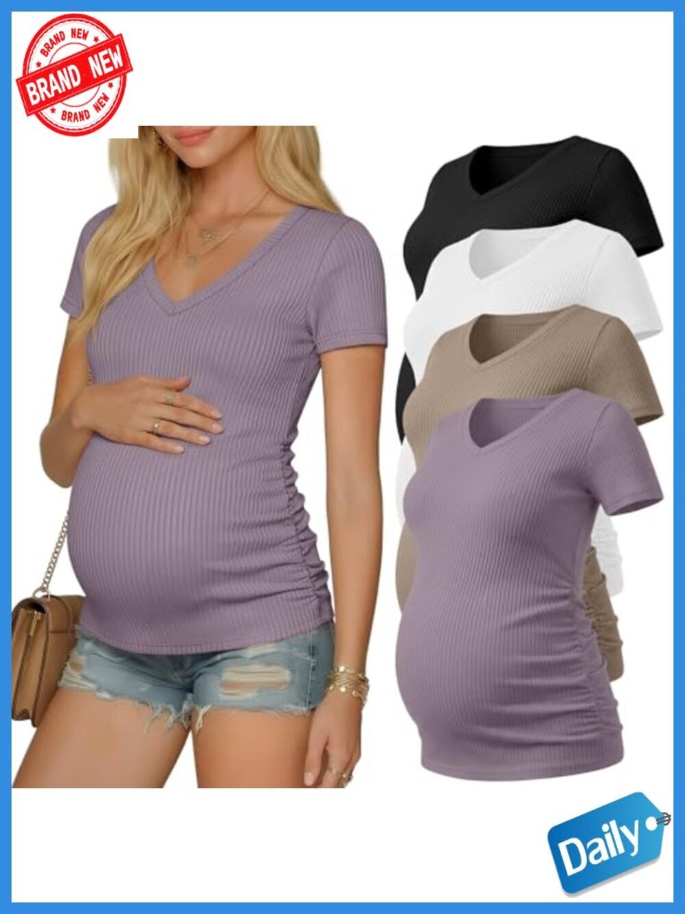 Maternity Tee 4 Pack Short Sleeve V-Neck Cotton Ribbed Side Ruched Slim Fit